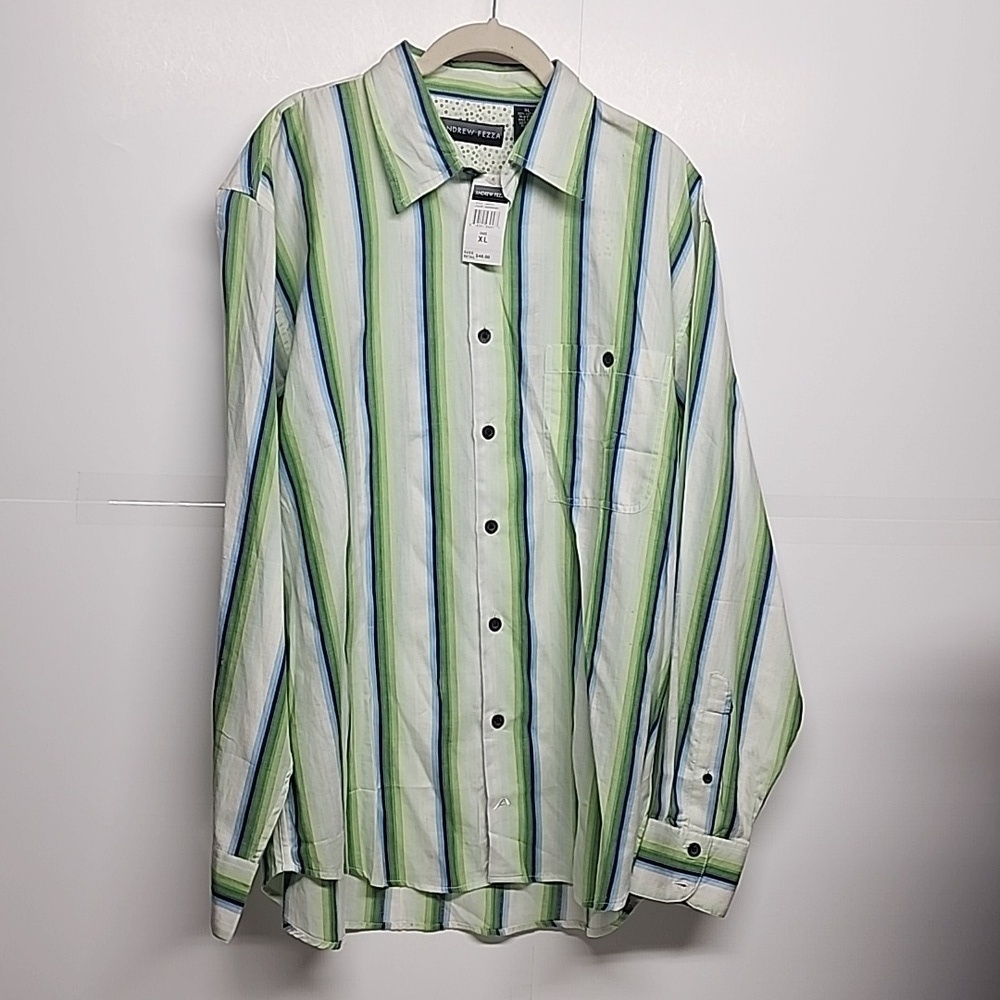 Andrew Fezza XL 100% cotton green/blue/white long sleeve button-down mens shirt